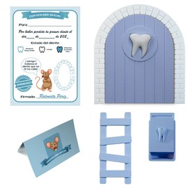 Myfuturshop® Children's Door to Leave Baby Teeth to Perez Mouse Original Gift for Boy and Girl Contains Tooth Box, Ladder and 4 Clean Tooth Certificates (Blue)