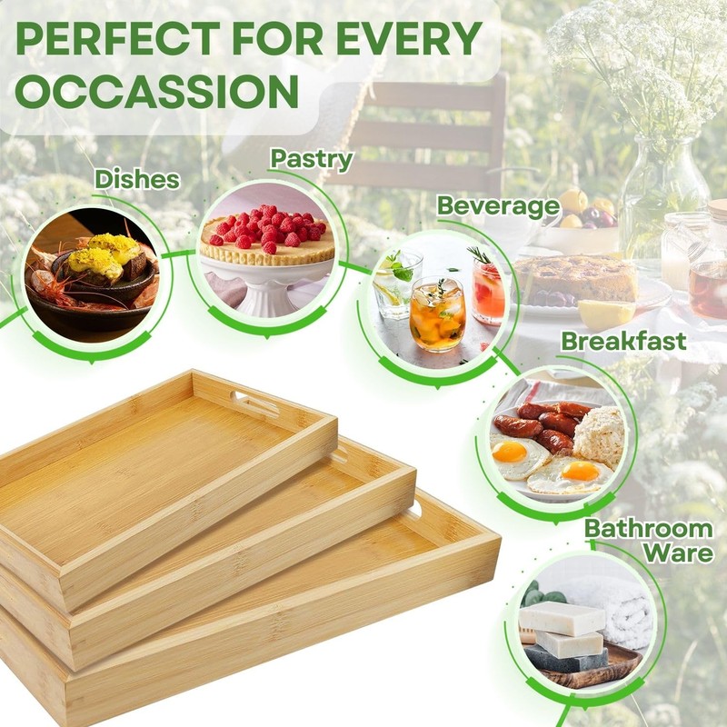 Flexzion Bamboo Trays for Serving Food - 3 Pack Bamboo