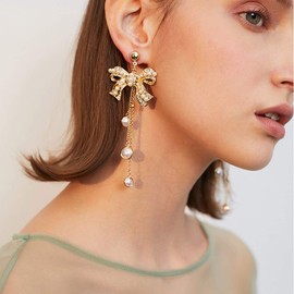 Xerling Pendientes de borla de perlas de oro con lazo y lazo de lazo para novia y mujer