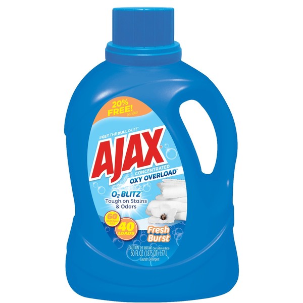 Oxy Overload Liquid Laundry Detergent by Ajax | Odor & Stain Eliminator | Works in All Standard & HE Washing Machines | Concentrated Laundry Soap | Hot & Cold Water | Fresh Burst Scent | 60 oz
