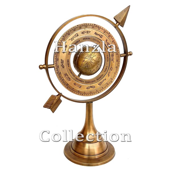 Hanzla Collection 11" Antique Brass Armillary Sphere With Sundial Arrow 10.5" Nautical Maritime Engraved Globe