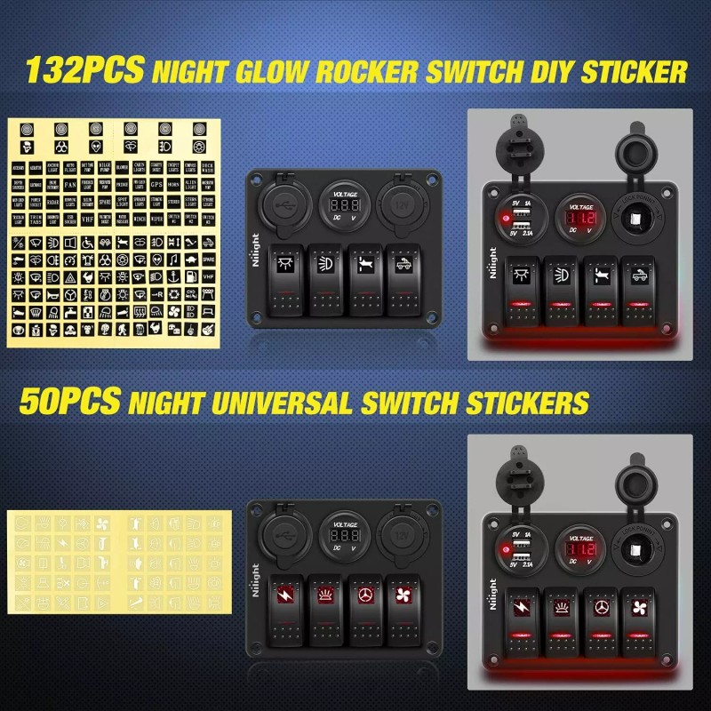 Nilight Led Rocker Switch 4 Gang w/ Usb Charger Voltmeter
