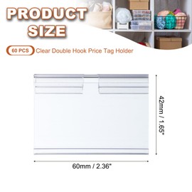 MECCANIXITY Plastic Wire Shelf Label Holders 2.36"x1.65" Clear Double Hook Price Tag Holder Reusable Shelf Sign Tags with Paper for Storage Market Pack of 60