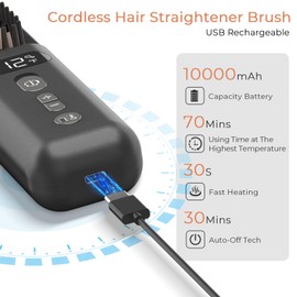 Glättbürste für Haar – 10.000 mAh, tragbarer Heizkamm mit negativen Ionen, mit schneller Erwärmung, MCH Verbrühungsschutz, 9 Temperatureinstellungen, LED-Anzeige, glättender Kamm für die Reise