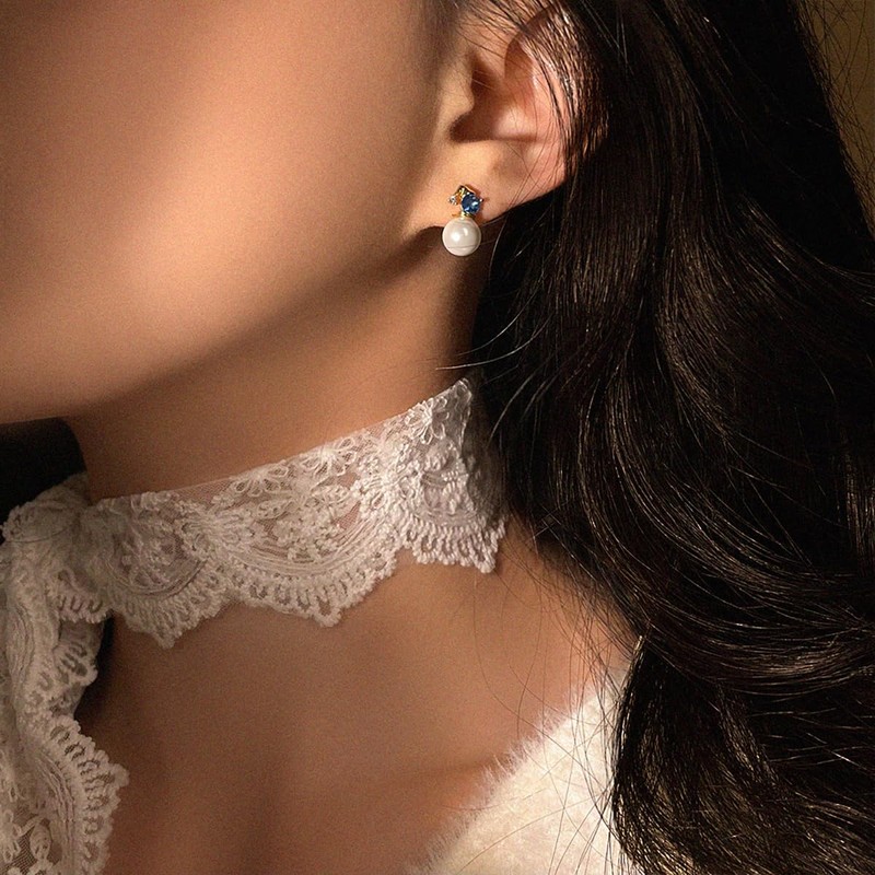 Pearl Stud Earrings for Women 18K Gold Plated Blue Zirconia