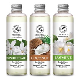 Jasmine Reed Diffuser Refill & Reed Diffuser Refill Coconut and Monoi de Tahiti - 3 x 6.8 Fl Oz - Fresh & Long Lasting Fragrance - Reed Diffuser Oil Refill for Aromatherapy - Office - Restaurant