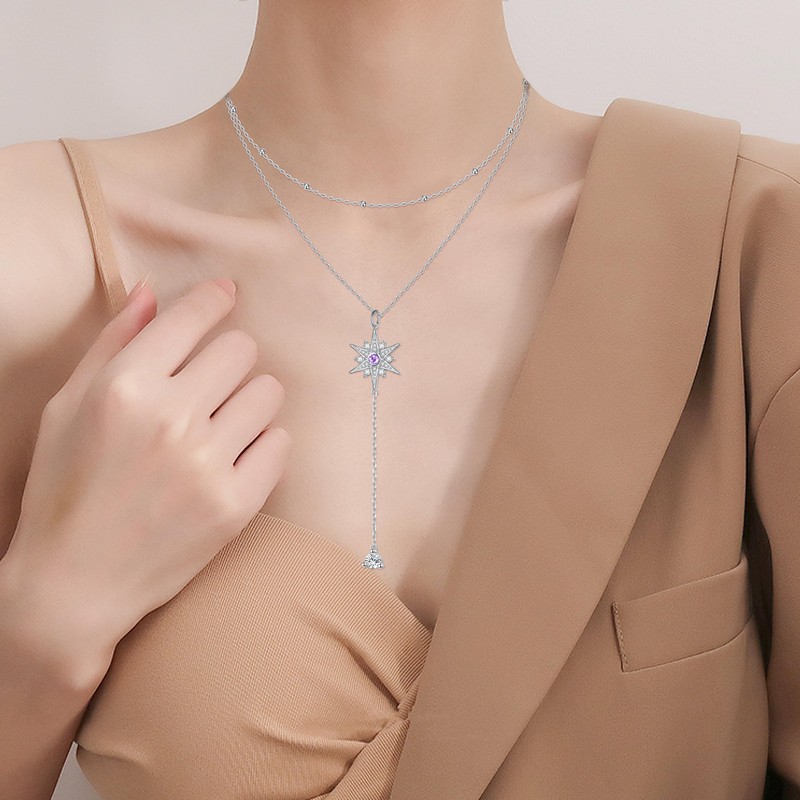 SHAOAN 925 Sterling Silver Double Layered Necklace Adjustable Multilayer Long