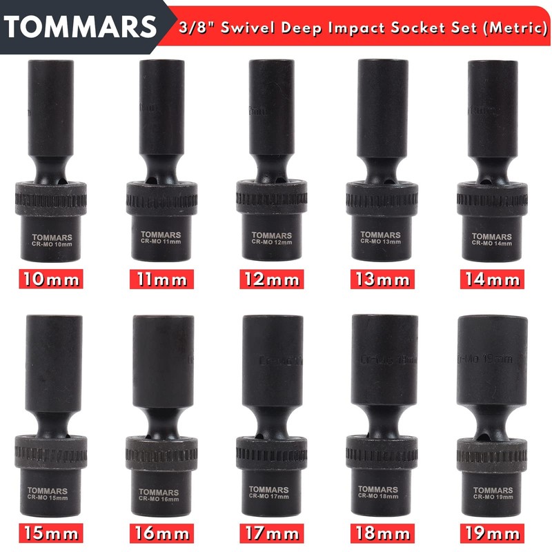 TOMMARS 3/8" Drive Universal Swivel Impact Socket Set Deep, 6