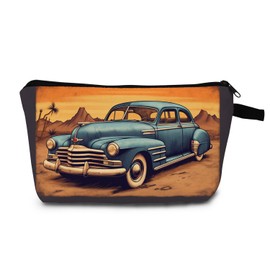 MoCaliduccious Retro Cartoon Car Cosmetic Bag Blue Vintage Car on Desert Landscape Heat Transfer Printed Travel Makeup Pouch for Adults Unique Gift Idea Birthday Gift