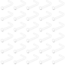Crdifu 30pcs Clear Nose Studs Retainers 20G Flat Top Bioflex Screw L Shaped Nose Bone Stud Piercing for Work School