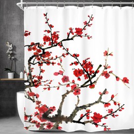 Homewelle Red Cherry Blossom Japanese Theme Shower Curtain Asian Chinese 72Wx72H Inch Blooming Plum Floral Aesthetic Weeping Flower Traditional Branch Waterproof Polyester Fabric Bathroom Bathtub