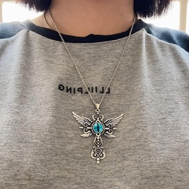 Faruodis Angel Wings Cross Necklace Evil Eye Pendant Necklace Vintage Turkish Blue Eye Chain Crucifix Jewelry for Women Men (Blue)