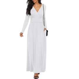 LILBETTER Women's Long Sleeve Loose Plain Empire Waist Maxi Dresses Casual Long Dresses with Pockets(01White Small)
