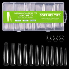 Cycullinyt 240Pcs Coffin Press On Nail Tips, Long Coffin Soft Gel x Nail Tips, 12 Sizes Full Cover Acrylic False Nail Tips, for Beginner and Professional Home Salon Diy