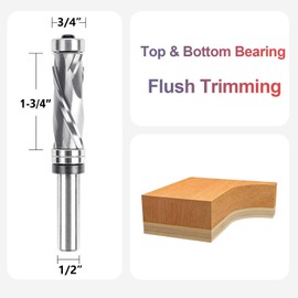 SpeTool Compression Flush Trim Router Bit 1/2" Shank 3/4" Cutting Diameter Top & Bottom Bearing Extra Long Double Bearing Carbide Pattrern Router Bit for Woodworking Trimming