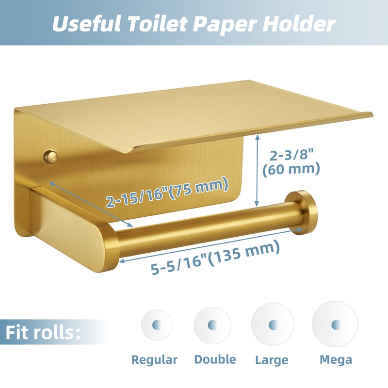 APLusee Brushed Gold Toilet Paper Holder with Shelf, 304 Stainless