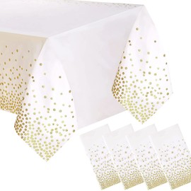 Jepeux 4 Packaging White and Gold Plastic Tablecloth, 54 inch x108 inch Rectangular Disposable dot Party Table Cover, Suitable for Birthday, Graduation, Restaurant, Wedding Decoration Tablecloth