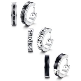 Adramata Men's Creole Earrings Stainless Steel Nordic Viking Rune Hoop Earrings Silver Black Set for Women Men Inner Diameter 12 mm, Stainless Steel