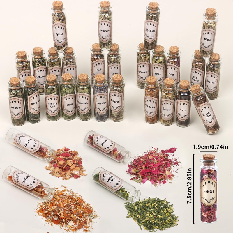 30 Pack Witchcraft Supplies Herbs, Dried Herbs and Flowers Bottles