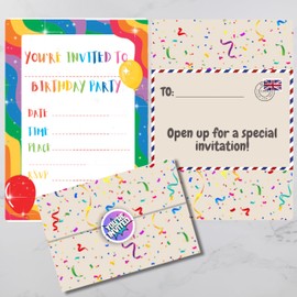 Cardlyst - 24-32 Kids Childrens Rainbow Birthday Party Invitations Kids Invites with Folding Envelope Design and Stickers Pack of 24-32 Invites for Boys and girls - Printed and designed in UK!… (24)