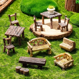 11Pieces Fairy Garden Furniture Ornaments, Miniature Garden Table and Chairs Set, Village Micro Resin Bench Chair Kit for Dollhouse Accessories Home, Micro Landscape Decoration (Vintage Style)