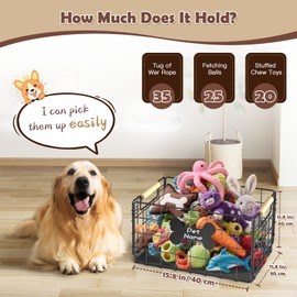 Tivray Dog Toy Basket, Chew-Proof Metal Dog Toy Bin with Handles, Pet Stuff Storage Organizer Box for Dogs with Marker Pen, Portable & Foldable Puppy Toys Basket for Living Room, 15.8''×11.8''×11.8''