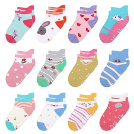 HYzgb Toddler Socks Girls with Grippers 3T 4T 5T 12 Pairs Non Slip Ankle Socks for Toddler Kids Cotton Little Kids 3-4-5 Years Old All Seasons Wearing (Strawberry Style)