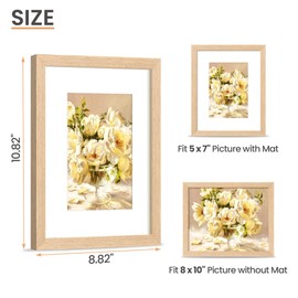 Solid Wood Picture Frame 8x10 Natural Wooden Photo Frames with Mat,Wall Poster Frame for Home Office Decor, Tabletop and Wall Mounting, High-Definition Plexiglass