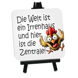 Homeyourself Dekoschild Holzschild 10,5 x 10,5 cm mit Staffelei 15 cm zum hinstellen, Lustiger Vogel-Motiv Spruch 'Die Welt ist ein Irrenhaus und hier ist die Zentrale' Geschenk