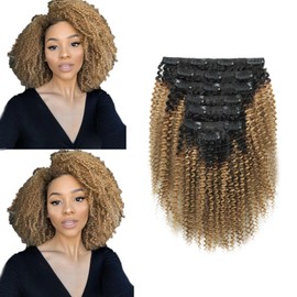 ABH AMAZINGBEAUTY HAIR Afro Curly Clip in Hair Extensions Real Human Hair 4A 4B Curly Clip ins for Black Women 120g 7 Pieces 17 Clips, Ombre 1B to Strawberry Blonde 12 Inch