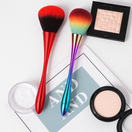 Powder Makeup Brush Set, Soft Domed Heads, Red And Rainbow Handles, 2-Piece