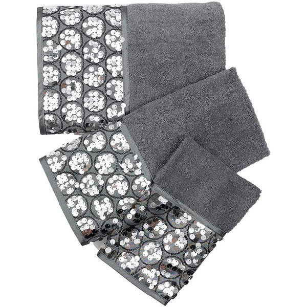 Popular Bath Sinatra Modern Bathroom Towel Set 3 Piece Bath, Hand and Wash Towel Luxury Contemporary Decor Bling , Soft, Plush and Highly Absorbent, Silver