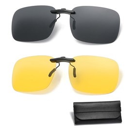 GegXcn 2pcs Clip-On Sunglasses with Secure Grip, UV400 Protection Enhances Visual Clarity & Reduces Eye Strain, Leather Glasses Bag, Anti-Fog Lenses for Overcast, Rainy, Foggy and Night Driving