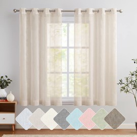 TOPICK Light Beige Transparent Curtains Voile with Eyelets Curtain Voile Short Sheer Curtains Gauze Pair Eyelet Curtains for Living Room Bedroom Kitchen 160 cm x 140 cm (H x W) Set of 2