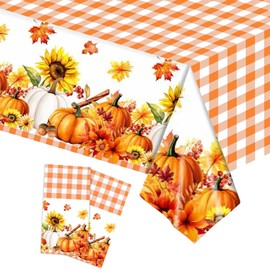 Orielis Plastic Thanksgiving Tablecloths 2 Pack - Fall Table Cloth Disposable Pumpkin Plaid Table Cover for Kitchen Dinner Thanksgiving Party Supplies, Rectangle 54 X 108 Inch