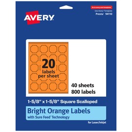 Avery Printable Square Scalloped Labels with Sure Feed Technology, 1-5/8" x 1-5/8", Bright Orange Labels, Print-to-The-Edge, Laser/Inkjet, 800 Total, Great for Cosmetic Labels and Jar Labels