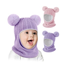 Baby Winter Hat Scarf Set 2 Pack, Toddler Beanie Hats Girl Boys with Neck Warmer&Double Pom Pom, Beanie for Kids Knit Warm Thick Fleece Lined for Cold Weather(Pink&Purple)
