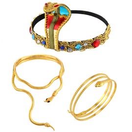 HIFOT 3 Piece Egyptian Costume Accessory Set - Cleopatra Costume Headpiece Bangle Gold Choker Chain Gold Women's Cleopatra Costume Women's Egyptian Queen Snake Chain Egyptian Jewellery Headpiece
