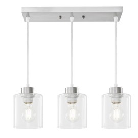 3-Light Brushed Nickel Pendant Light Fixtures with Clear Glass, Hanging Light Fixture for Ceiling, Adjustable Kitchen Island Light for Dinning Room, Bedroom,Hallway, E26 Base, Bulbs Not Included