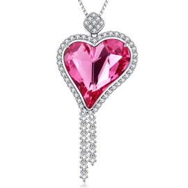 Crystal Necklace Women Love Heart Crystal Necklace Sterling Silver Austria Crystal Necklace for Women Diamond Heart Necklace Pink Crystal Necklace Birthstone Crystal ZDaoBen