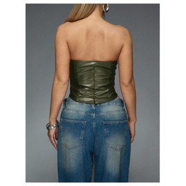 Verdusa Women's Leather Top Backless Tube Top Strapless Crop Corset Tops Going Out Outfits Dark Green Small