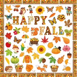 80 Pcs Happy Fall Cutouts for Bulletin Board Decor Set with Border - Fall Thanksgiving Paper Cut-Outs Autumn Themed Maple Leaves Pumpkin Wall Decals for Kids Teacher Supplies Classroom School