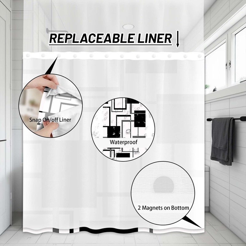 Black and White Hookless Shower Curtain with Snap in Liner,