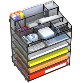 Docnest Organizador de escritorio de malla de 6 niveles para suministros de oficina de papel, bandeja multifuncional para cartas con 5 compartimentos 