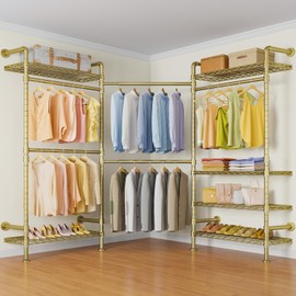 Timate L3 L Shape Gold Heavy Duty Clothes Rack, Industrial Pipe Wall Mounted, Adjustable 6 Shelves, 5 Closet Rods, Space Saving
