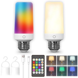 2PK Bombillas recargables con control remoto, bombillas de emergencia operadas por batería con dos formas de recarga, blanco ajustado con 12 colores RGB opcionales y temporizador para lámpara, cortes