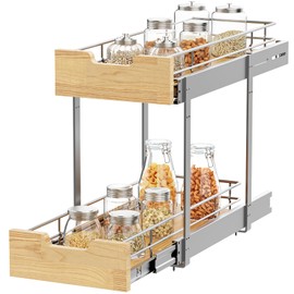 Sikarou Pull Out Cabinet Organizer,Heavy-Duty Slide Out Shelf, Wood and Wire Basket, Pull Out Drawer for for Kitchen Under Sink Space, Pantry, Bathroom, 2 Tie 9 * 21 in