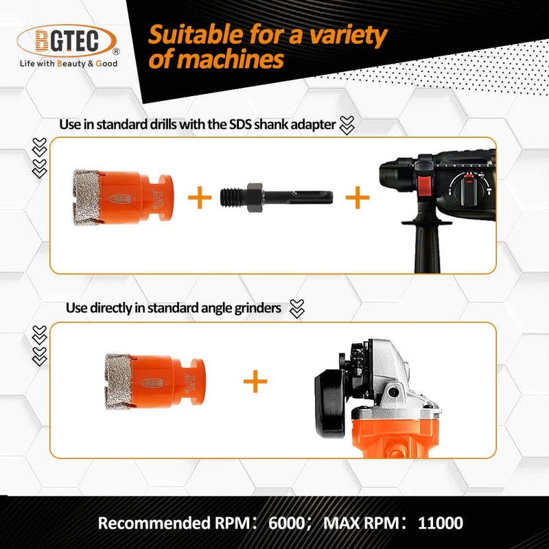 BGTEC Diamond Hole Saw Kit - 8PCS 25/35/50/75/100mm Core Bit