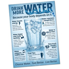 Drink More Water 18x24 Unframed Poster–Hydration Sign, Benefits Educational Chart, Wellness & Healthy Habits Motivational Drinking Reminder for Kids, School, Gym, Office, Kitchen,Cafeteria (1)