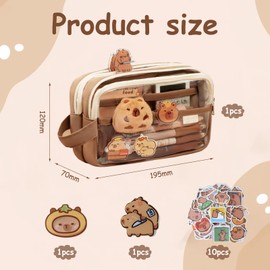 ROBOHOOK Cute Capybara Pencil Case,Capybara Stationery Comes with 10 Stickers+2 Brooches+Doll*1 Suitable for Storing Stationery 9-Layer Large-Capacity Storage Bag (Brown)